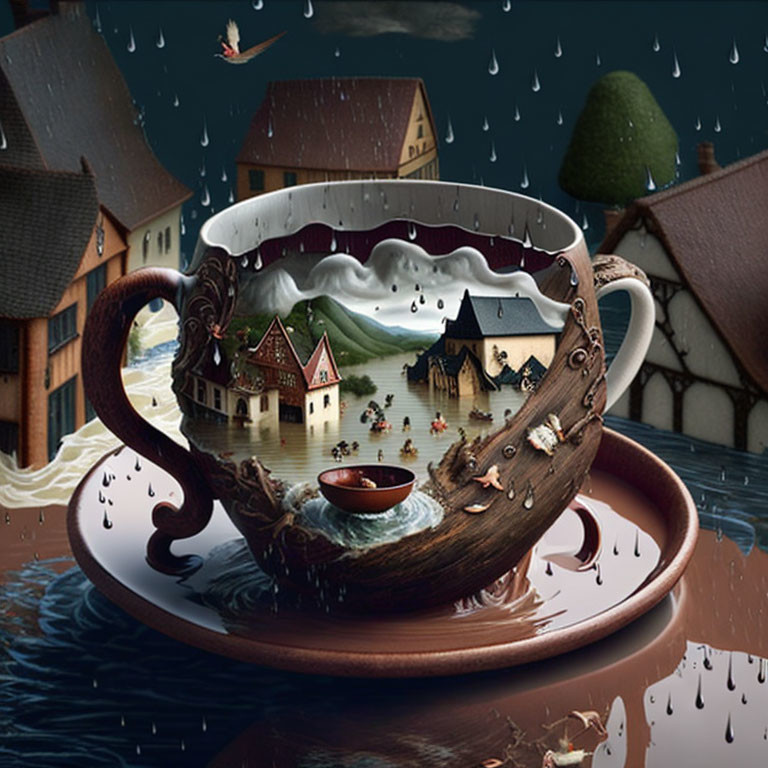 Surreal teacup image with village scene inside and outside, blending boundaries under rainy sky
