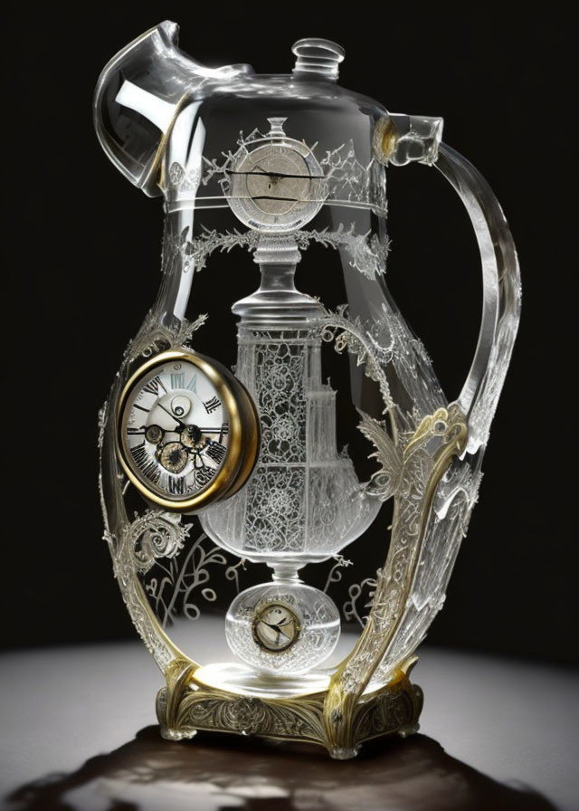 Unusual cut glass crystal clock ewer
