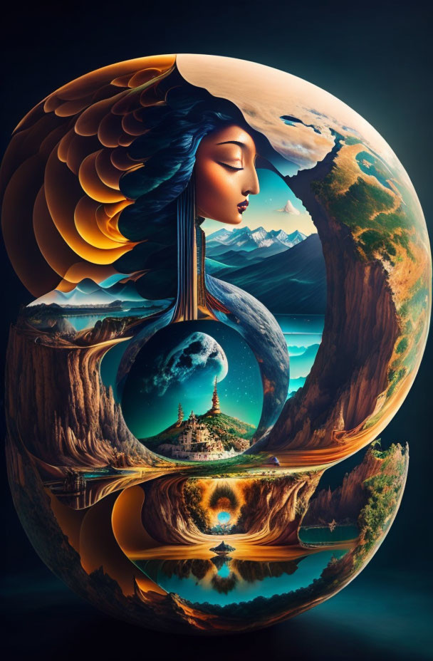 Surreal artwork: Woman's profile merges with cosmic landscape