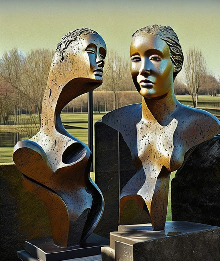 Abstract Human Face and Form Sculptures in Park Setting