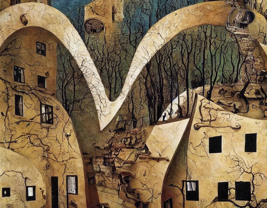 Surreal painting of twisted tree-like structures with architectural elements