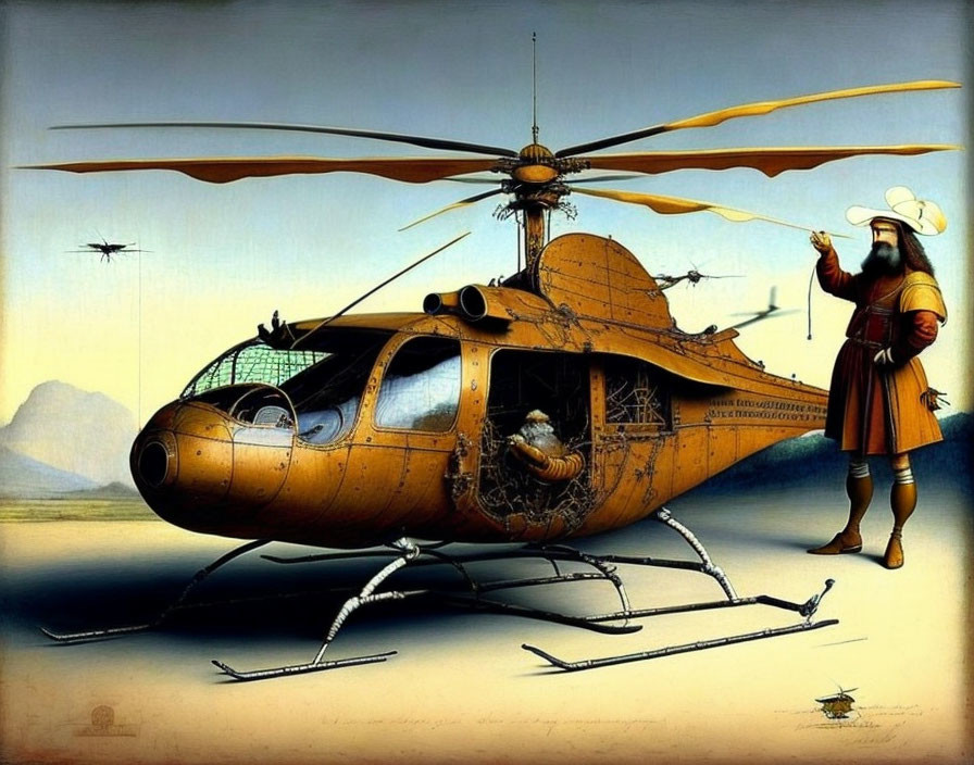 Whimsical painting of man in pirate attire with wooden helicopter in serene landscape