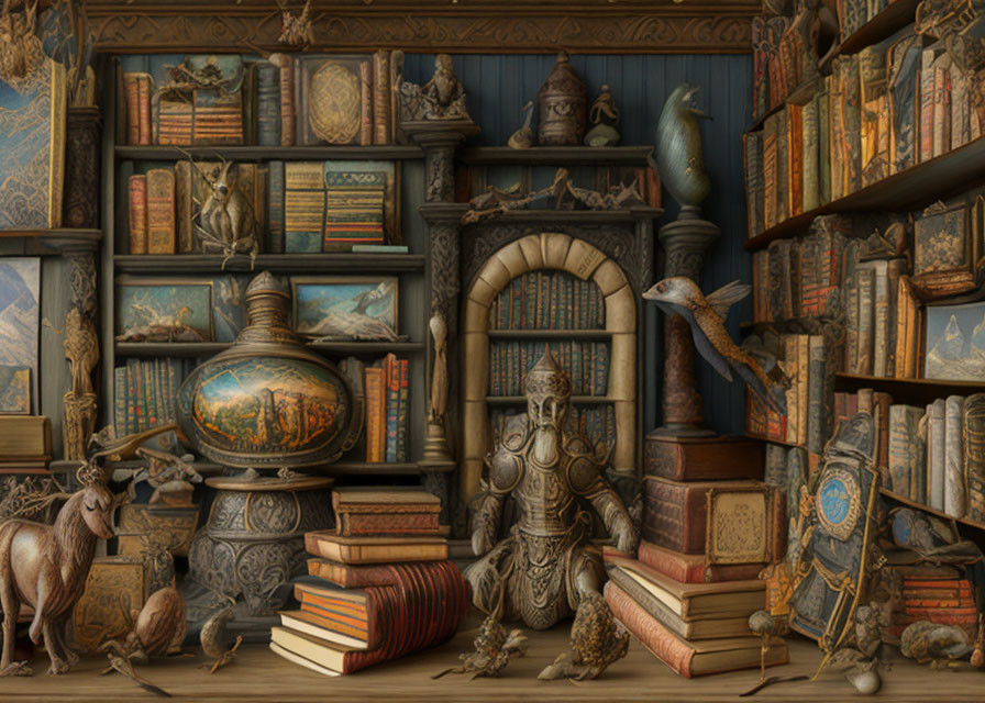 Old library with travel curios