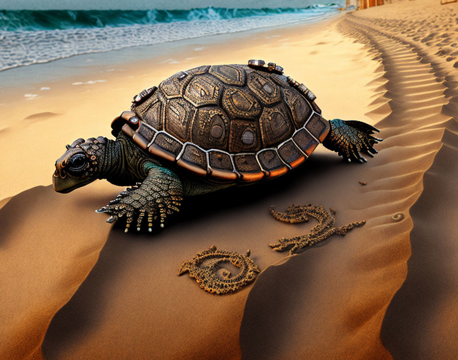 Detailed Turtle Walking on Sandy Beach with Textured Shell