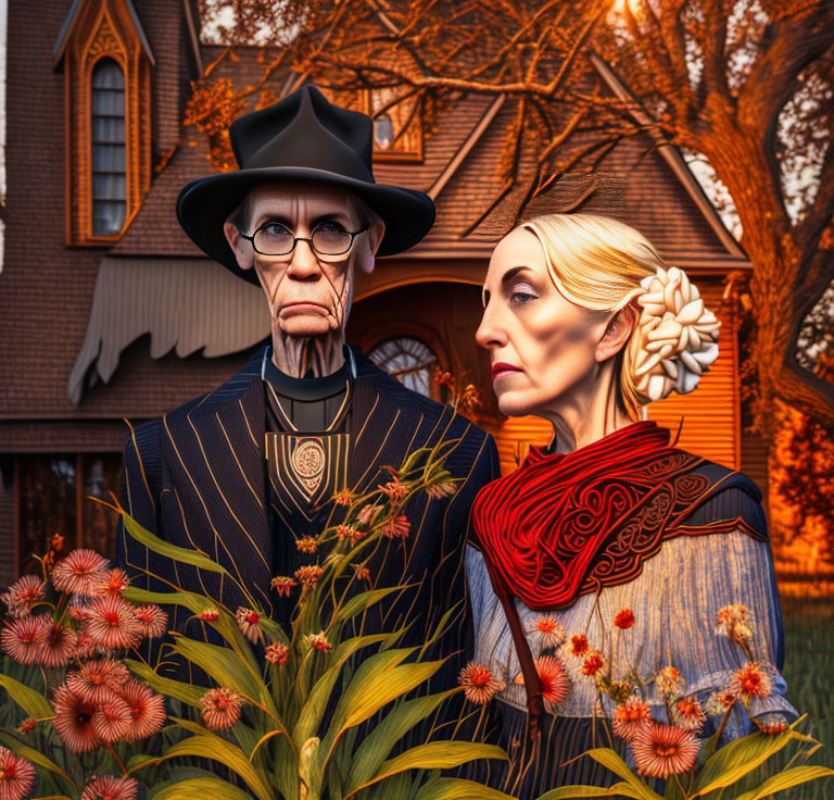 Stylized characters in vintage clothing by house with orange flowers at sunset
