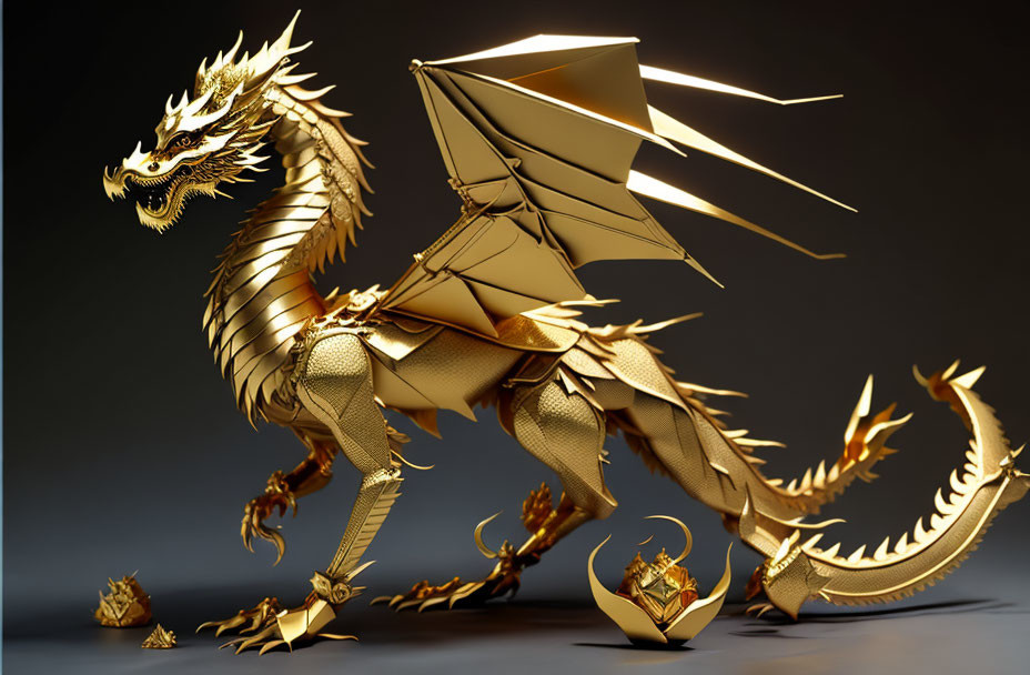 Golden Origami Dragon with Intricate Details on Dark Background