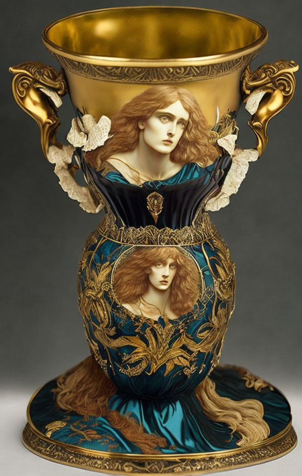 Ornate vessel with painted portraits of women, gold accents, blue-green fabric design