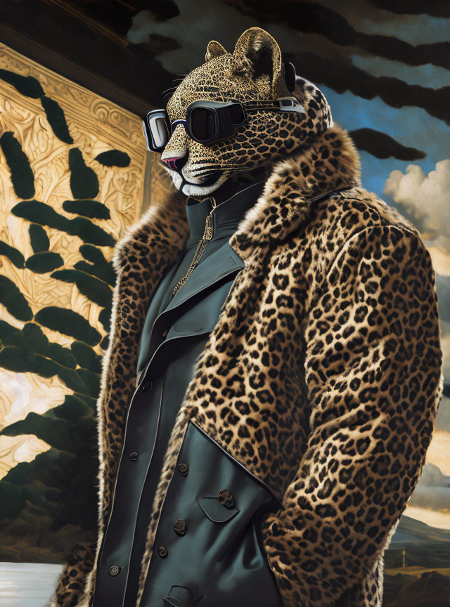 Stylish anthropomorphic leopard in sunglasses and coat with cloudy sky and plant patterns.