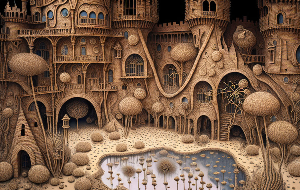 Fantasy sandcastle with towers, arches, and moat