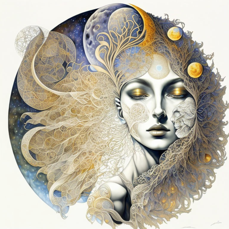 Surreal dual-faced figure with celestial bodies and cosmic backdrop