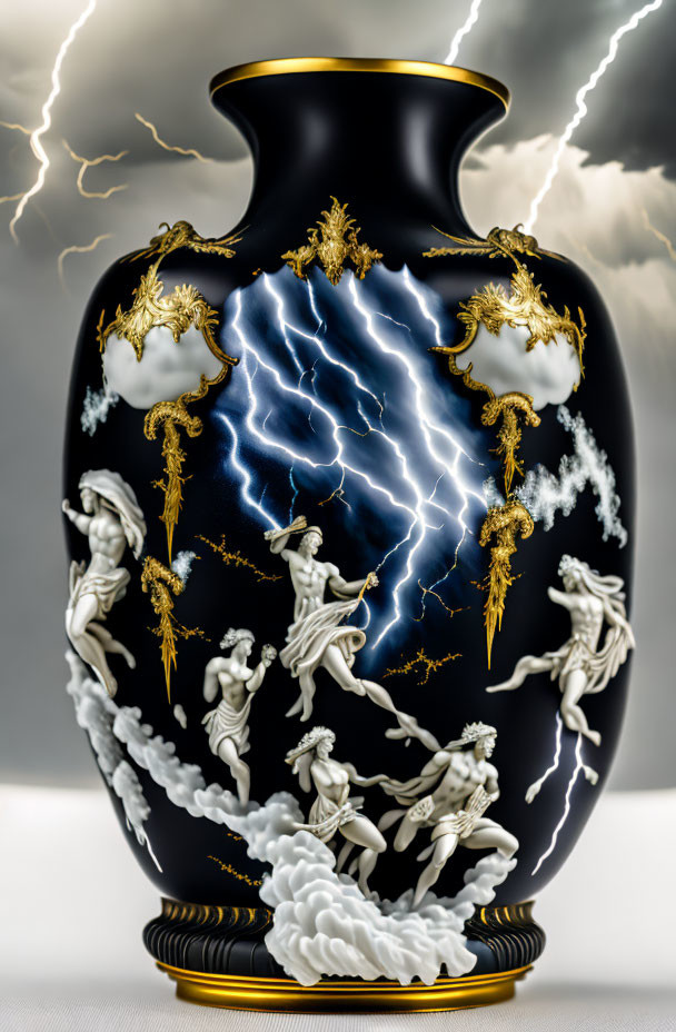 Black vase with gold accents, classical figures, lightning bolts, and stormy backdrop