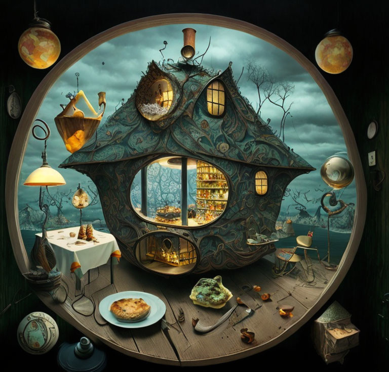 Circular Window Fantasy Room with Eccentric Furniture and Whimsical Details