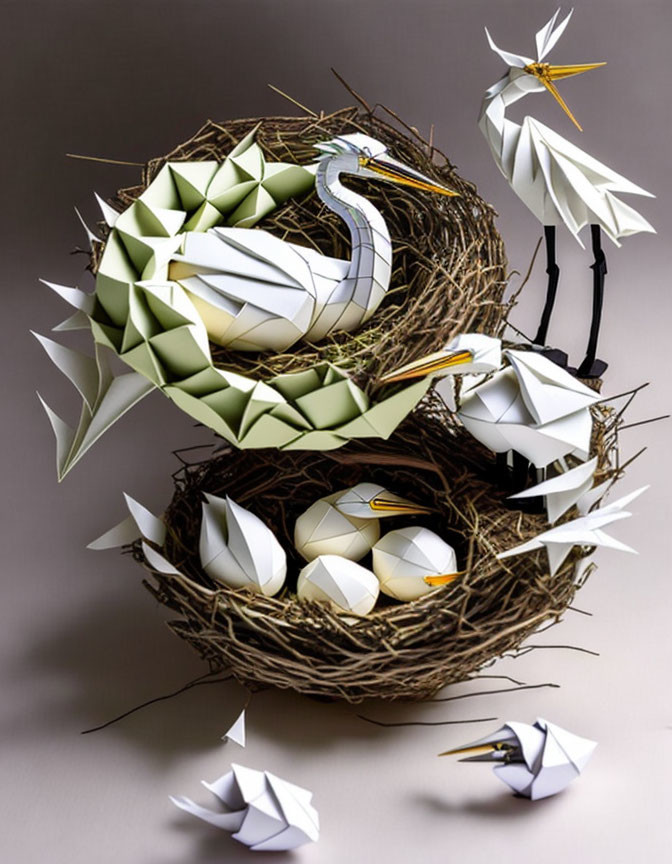  Heron's nest with white heron and eggs