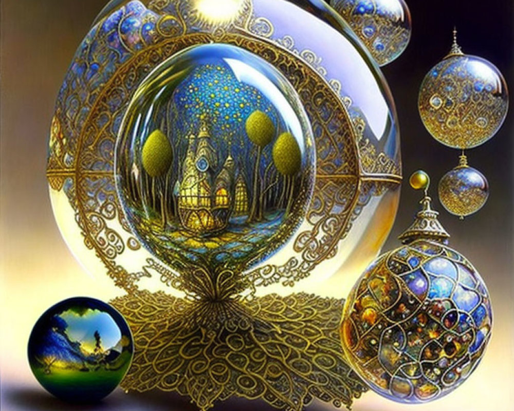 Intricate Fantasy Artwork: Ornate Floating Spheres & Mystical Landscapes
