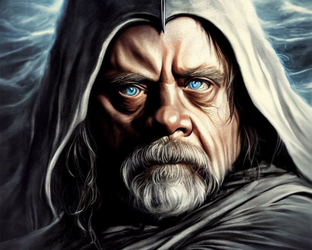 Detailed illustration of bearded man with intense blue eyes in hood and cloak