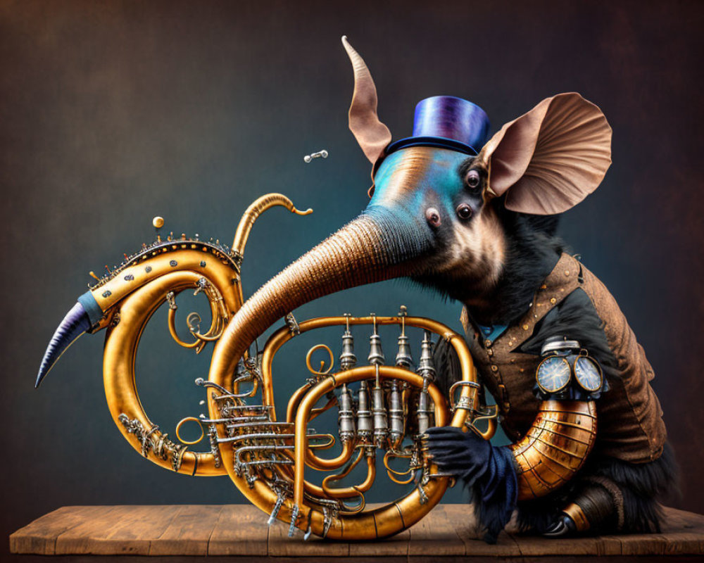 Whimsical digital artwork of elephant with top hat and steampunk French horn