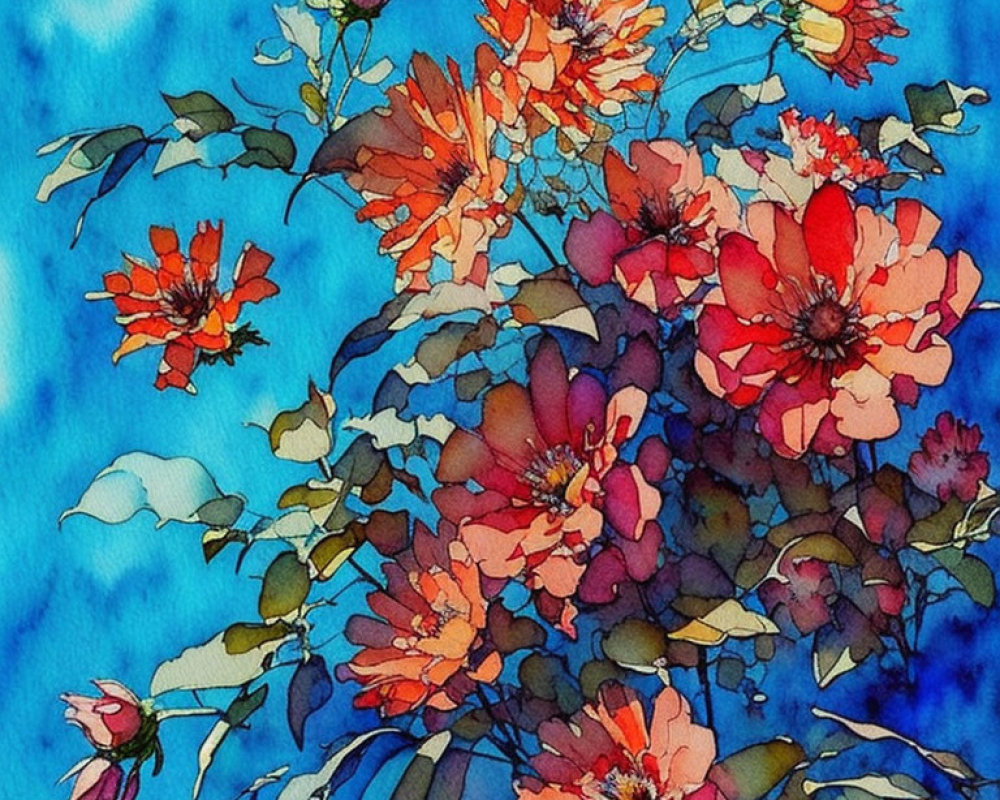 Colorful Watercolor Painting of Orange and Pink Flowers on Blue Background