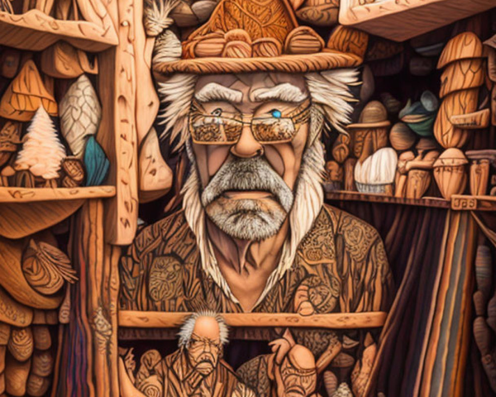 Detailed illustration of elderly man with beard, glasses, and hat among wooden artifacts.