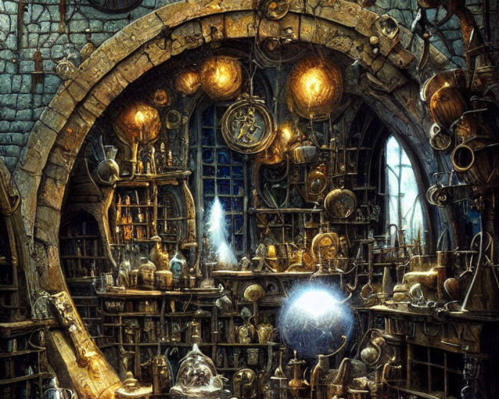 Mystical alchemist's lab with books, potions, and celestial globes