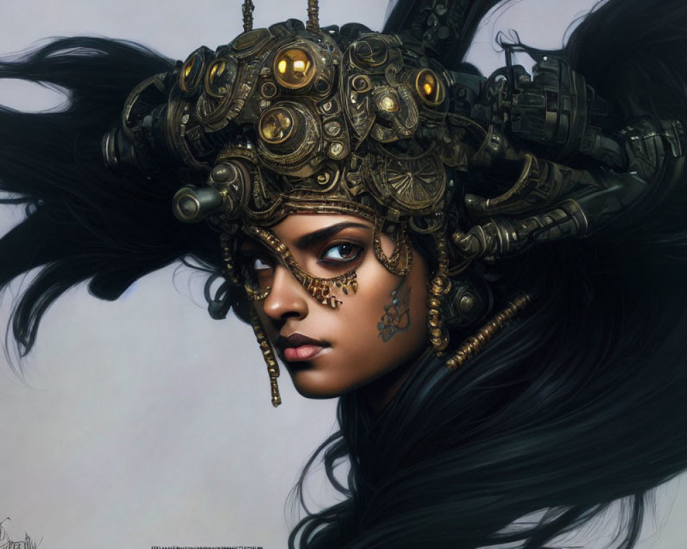 Detailed steampunk headgear on woman with dark flowing hair