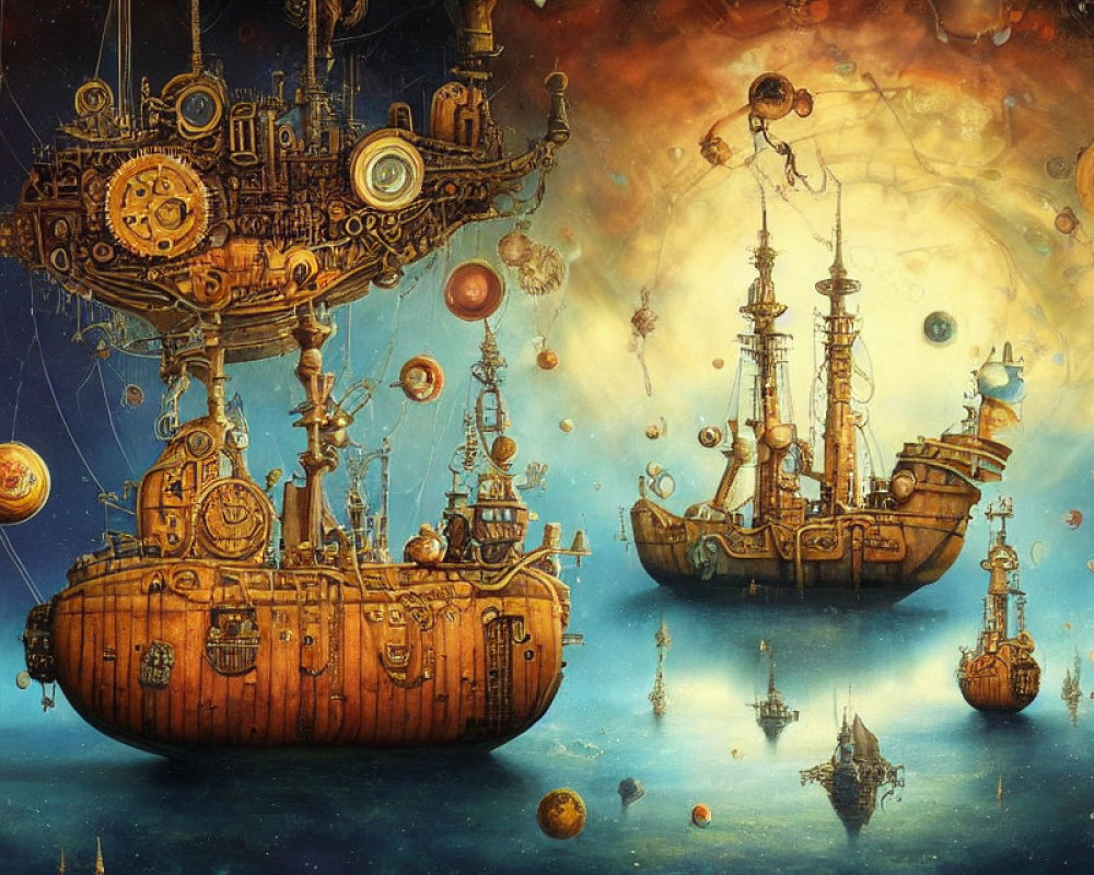 Steampunk-style airships soar among fantastical planets in a colorful sky