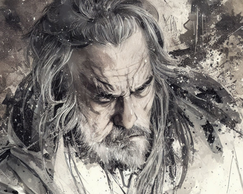Elderly man in monochromatic digital art, with long hair and beard
