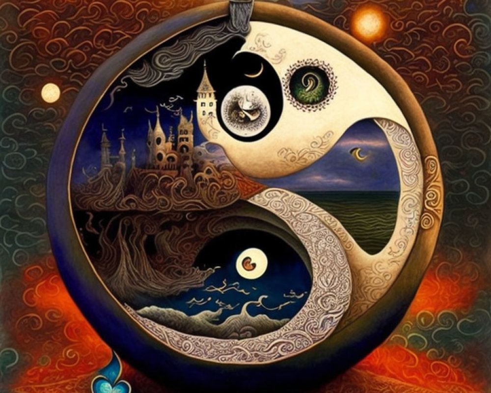 Detailed yin-yang symbol with landscapes: castle, moon, tree, waves, eye, sw
