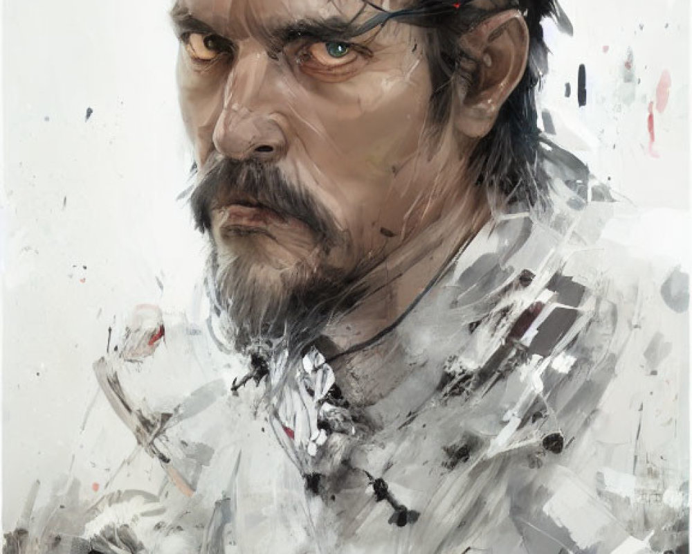 Digital painting of grizzled man with intense eyes and disheveled hair in white garment with black