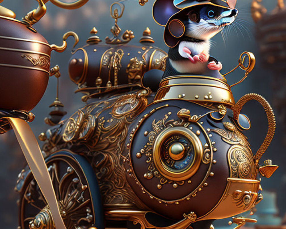 Whimsical image: Stylish mouse in steampunk vehicle & cityscape