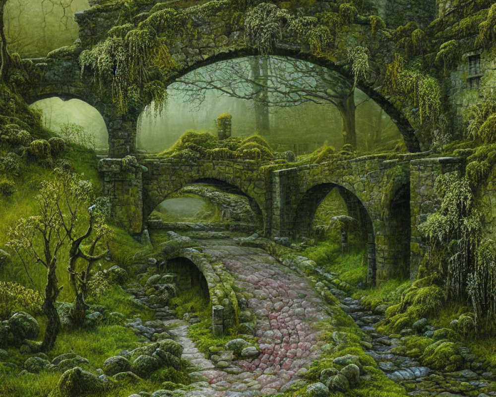 Moss-covered stone bridge in misty forest with stream.