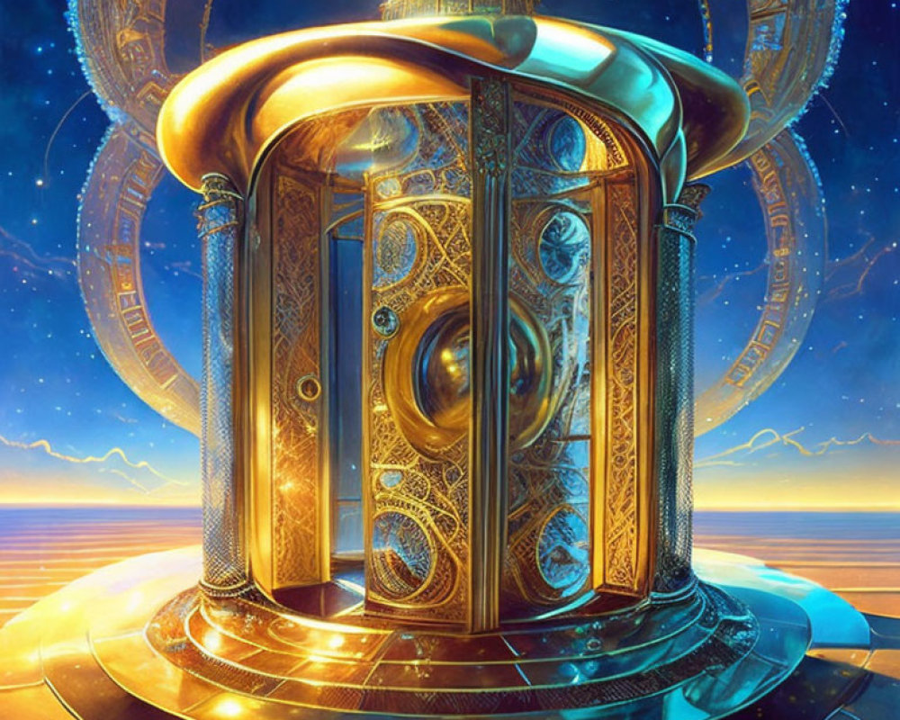 Golden ornate elevator in futuristic sci-fi landscape with celestial bodies.
