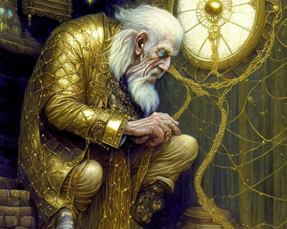 Elderly wizard in golden robe surrounded by clock gears and chains