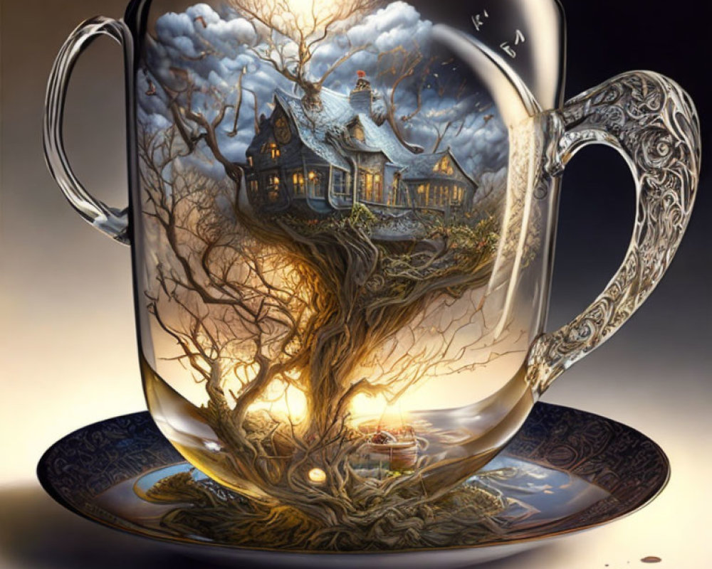 Transparent Cup with Tree and House Theme on Saucer, Night Sky Backdrop
