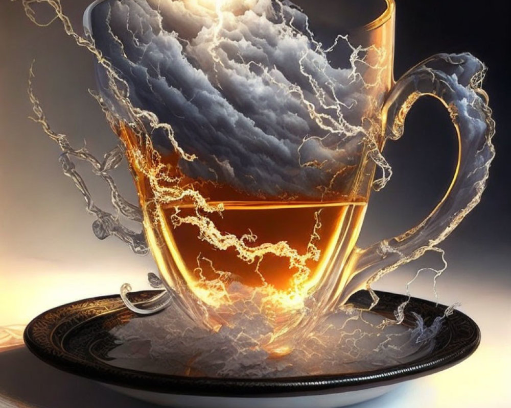 Surreal tea cup with storm and lightning brewing inside