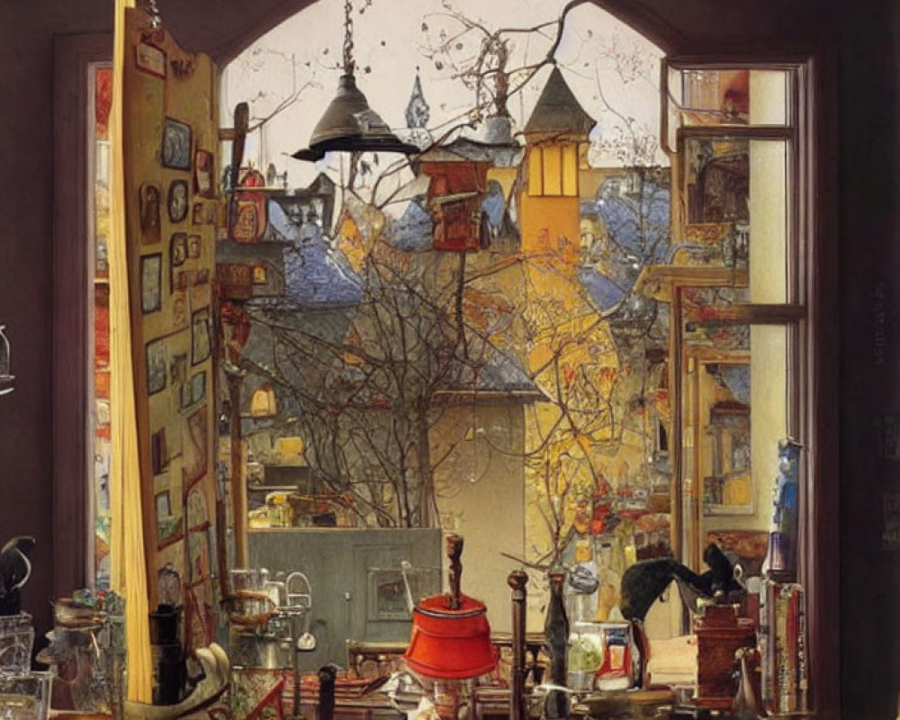 Cluttered Room Overlooking Autumn Townscape