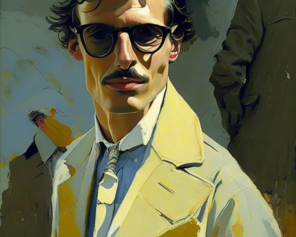 Stylized portrait of a man with curly hair and round glasses