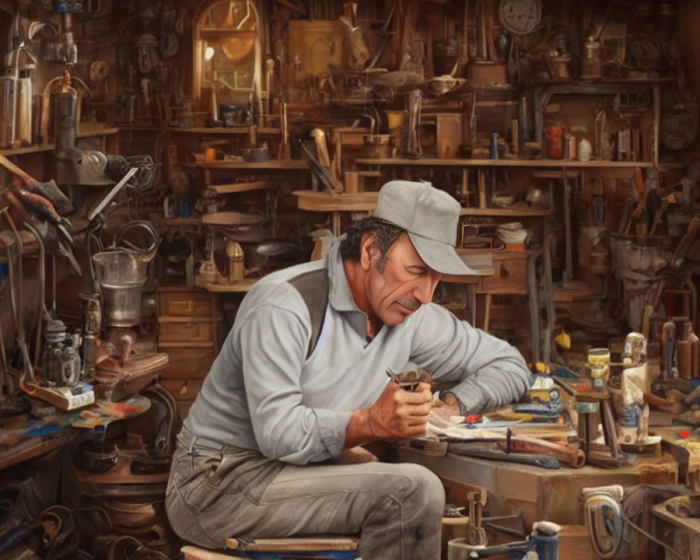 Craftsman smiling while working at cluttered workbench with organized tools in wood-paneled workshop