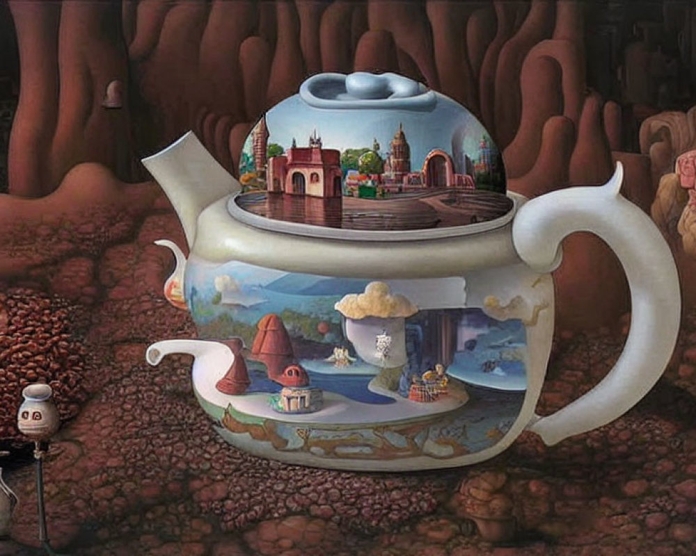 Surreal teapot-themed artwork with landscape and architectural scenes