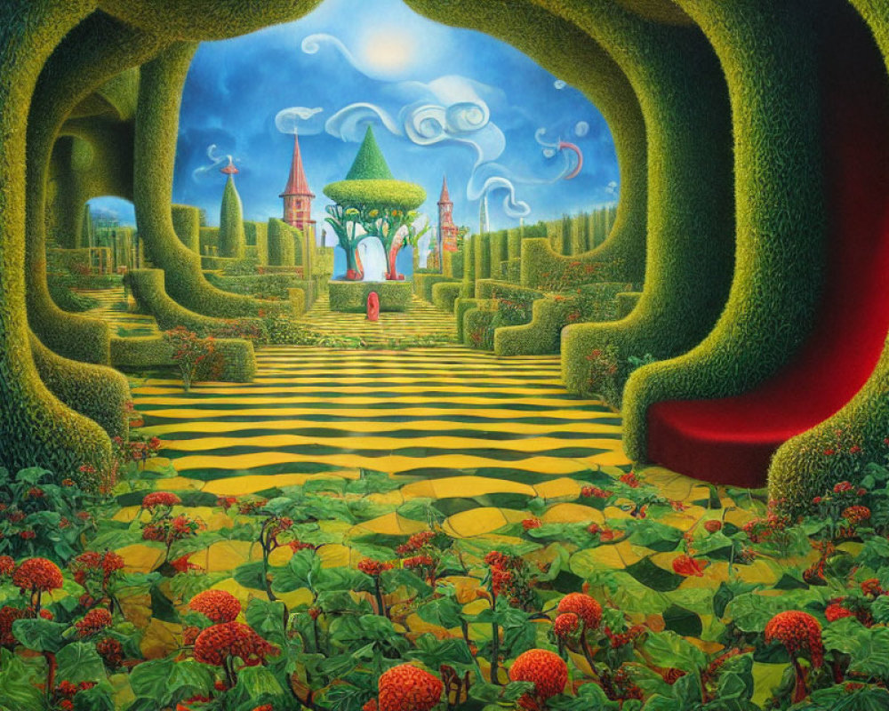 Colorful painting of lush hedge maze and castle with berries