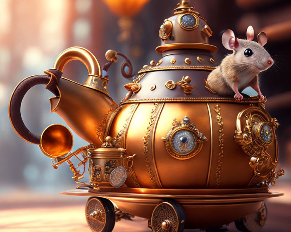 Steampunk-themed teapot with mouse on warm bokeh background