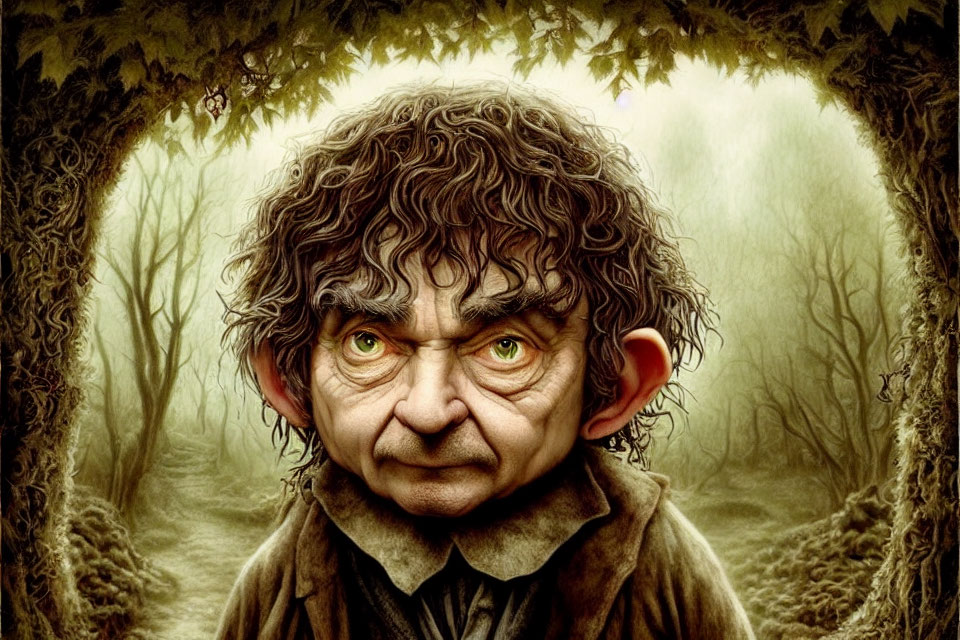 Curly-Haired Hobbit in Enchanted Forest Fantasy Scene