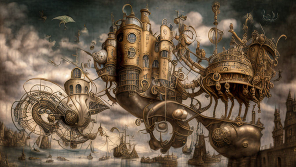 Elaborate steampunk airships over vintage cityscape with flying creatures