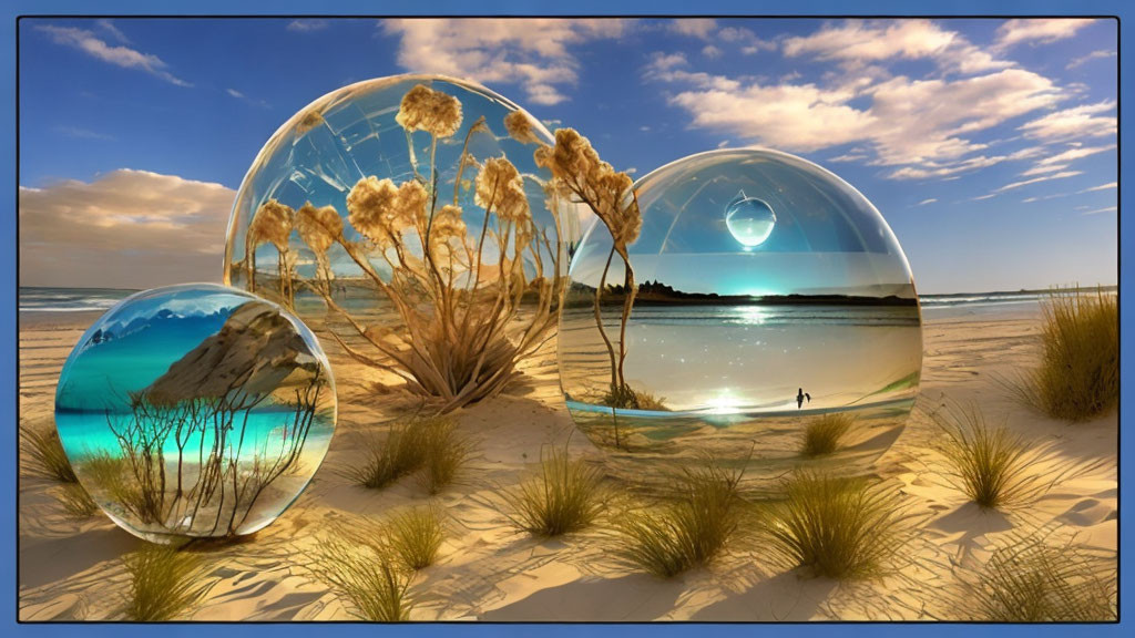 Glass orbs with landscapes inside on beach