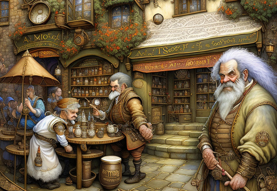 Three Bearded Characters in Old-Fashioned Attire Trading Outside Stone Building