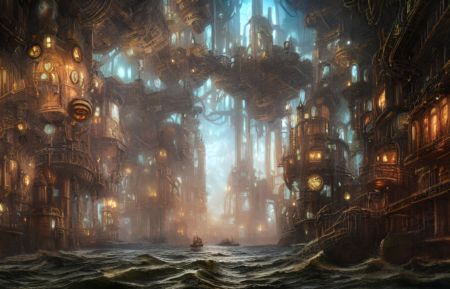 Intricate Steampunk Cityscape Emerging from Turbulent Waters