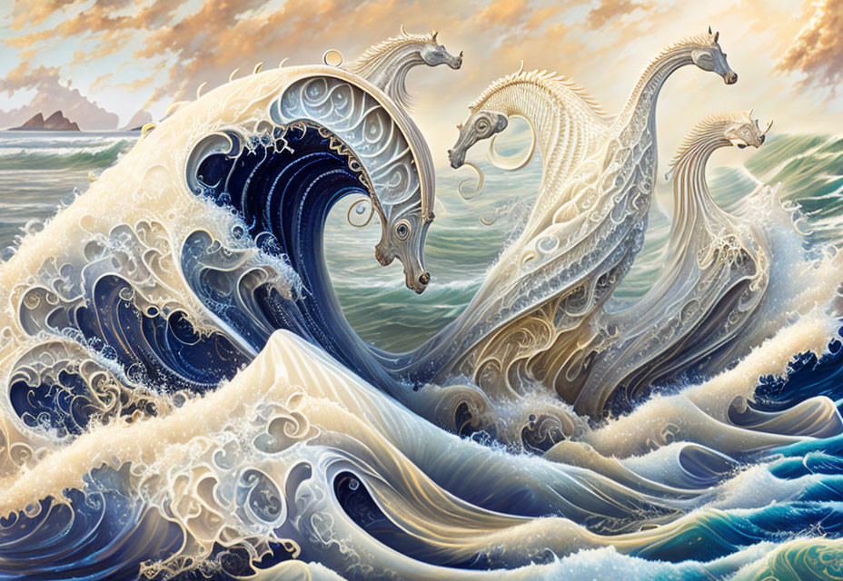 Fantasy painting: Three seahorse-shaped structures in ocean with mountains and cloudy sky