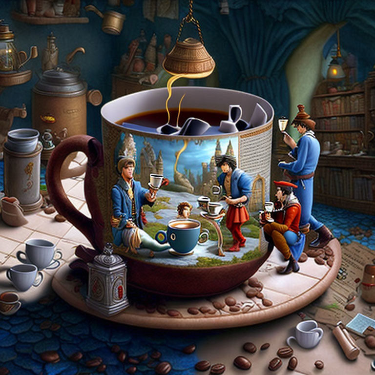 Storybook characters preparing tea