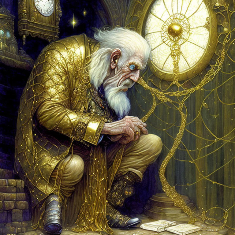 Elderly wizard in golden robe surrounded by clock gears and chains