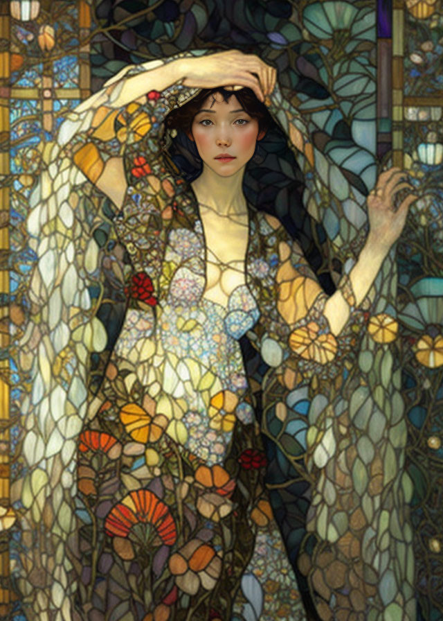 Stained glass artwork featuring woman's face superimposed