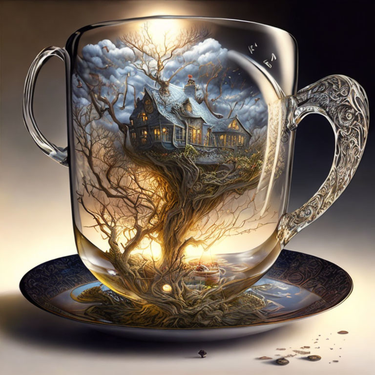 Transparent Cup with Tree and House Theme on Saucer, Night Sky Backdrop